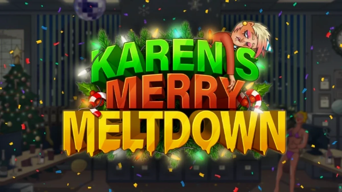 Tela principal do slot Karen’s Merry Meltdown com tema de festa de escritório caótica