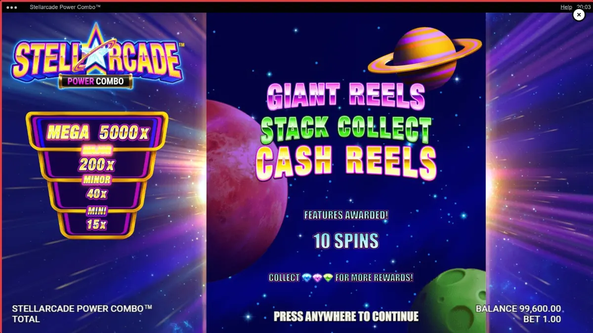 Interface de jogo do slot Stellarcade Power Combo com elementos neon e espaciais