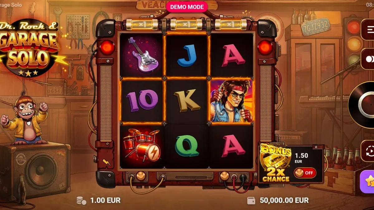 Dr. Rock & Garage Solo slot theme featuring musical instruments and a rockstar monkey